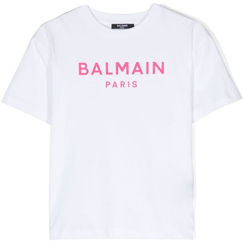BALMAIN KIDS T-shirt bianca logo stampa fucsia