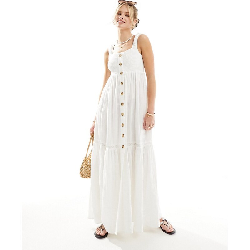 ASOS DESIGN - Vestito lungo allacciato sul retro color panna montata in tessuto doppio arricciato con bottoni-Bianco