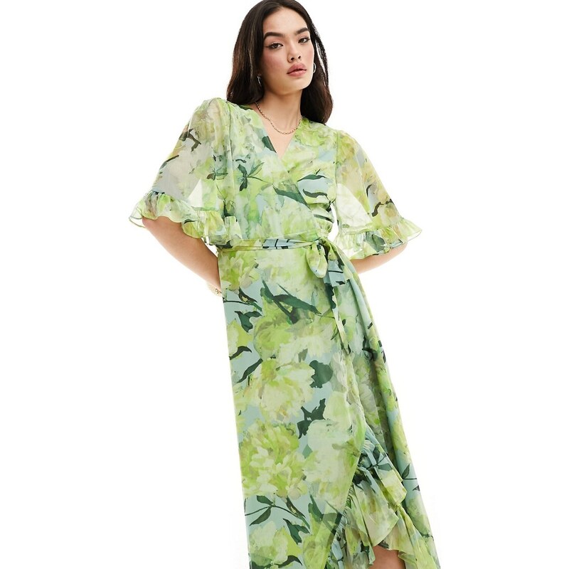 Hope & Ivy - Vestito lungo a portafoglio verde a fiori con volant