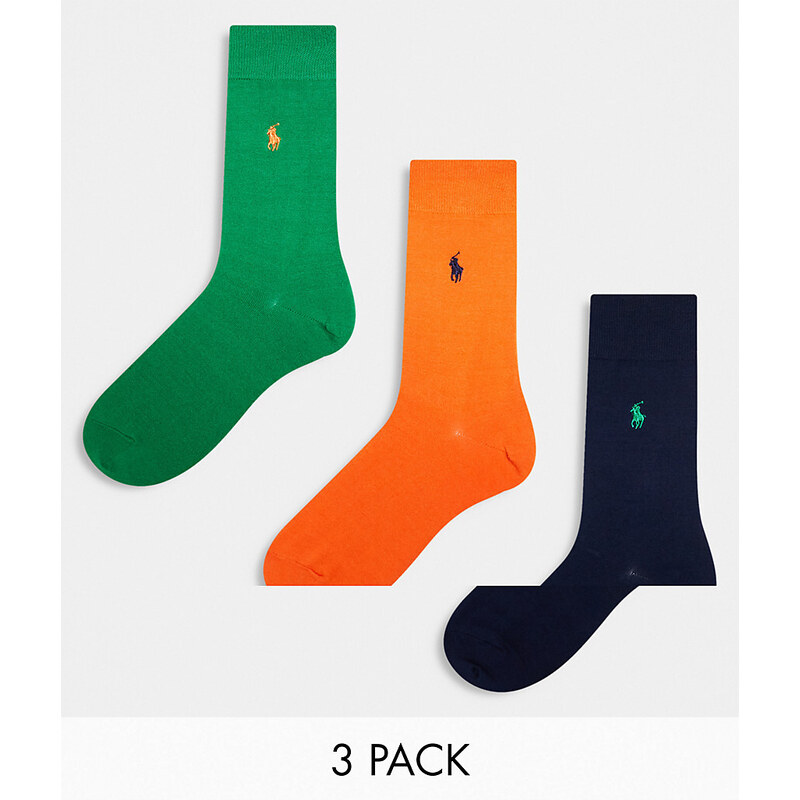 Polo Ralph Lauren - Confezione da 3 paia di calzini in cotone mercerizzato arancioni, verdi e blu navy con logo-Verde