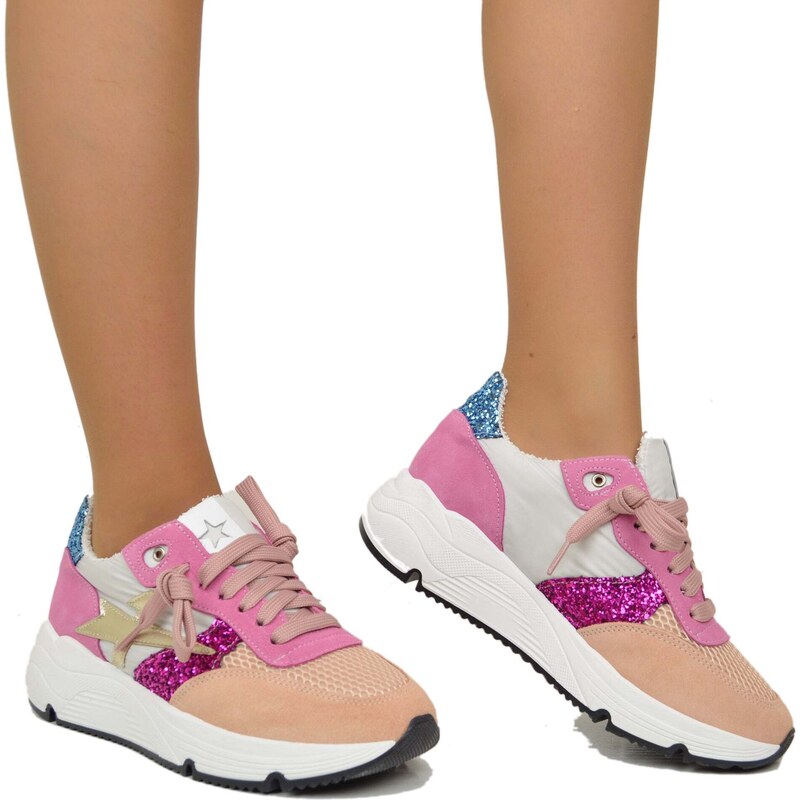 Divine Follie Sneakers Glitter in Pelle Scamosciata Pink Fondo Platform Morbido
