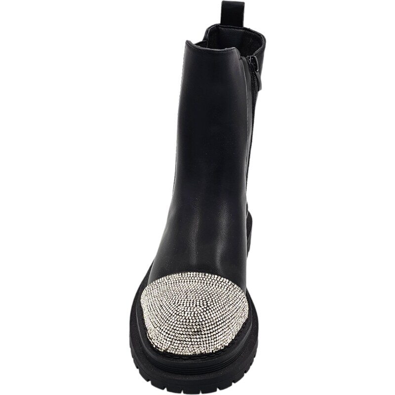 Malu Shoes Stivaletto donna beatles nero con strass argento in punta e cinturino fondo alto in gomma zigrinata con zip moda
