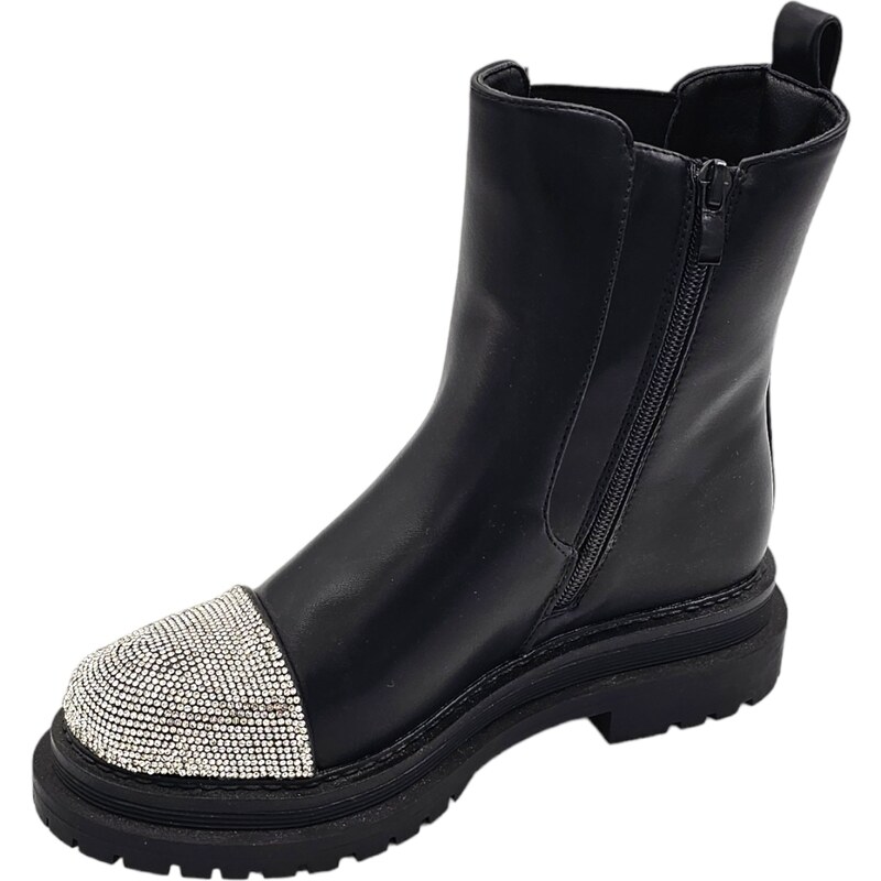 Malu Shoes Stivaletto donna beatles nero con strass argento in punta e cinturino fondo alto in gomma zigrinata con zip moda