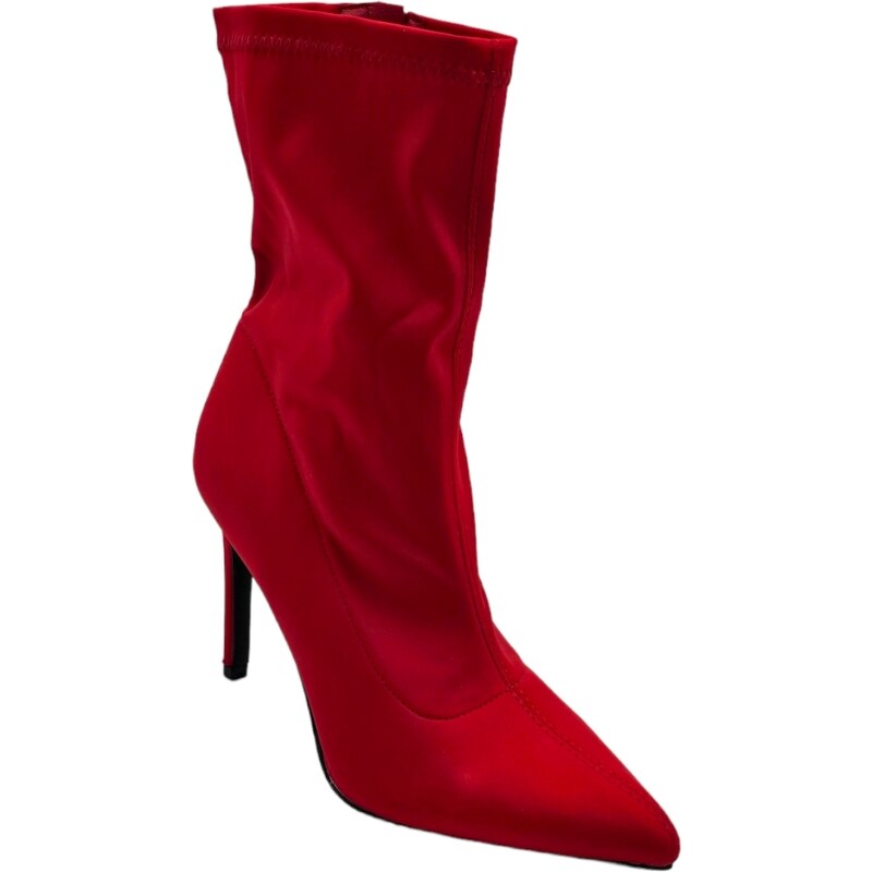 Malu Shoes Stivaletti tronchetti donna a punta in licra effetto calzino rosso con tacco sottile 12 cm zip aderenti al polpaccio