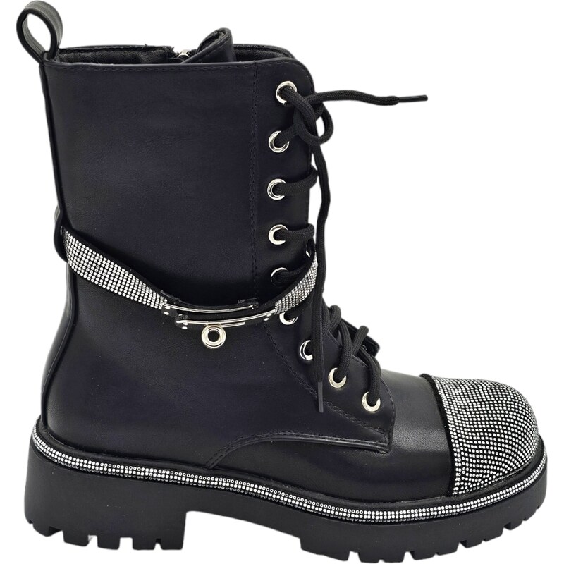 Malu Shoes Anfibi scarpa donna nero con strass argento in punta e cinturino fondo alto in gomma zigrinata con zip moda