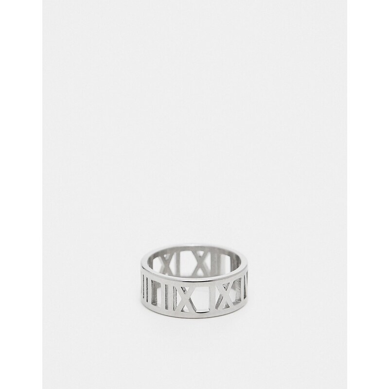 ASOS DESIGN - Anello in acciaio inossidabile resistente all'acqua con motivo con numeri romani color argento