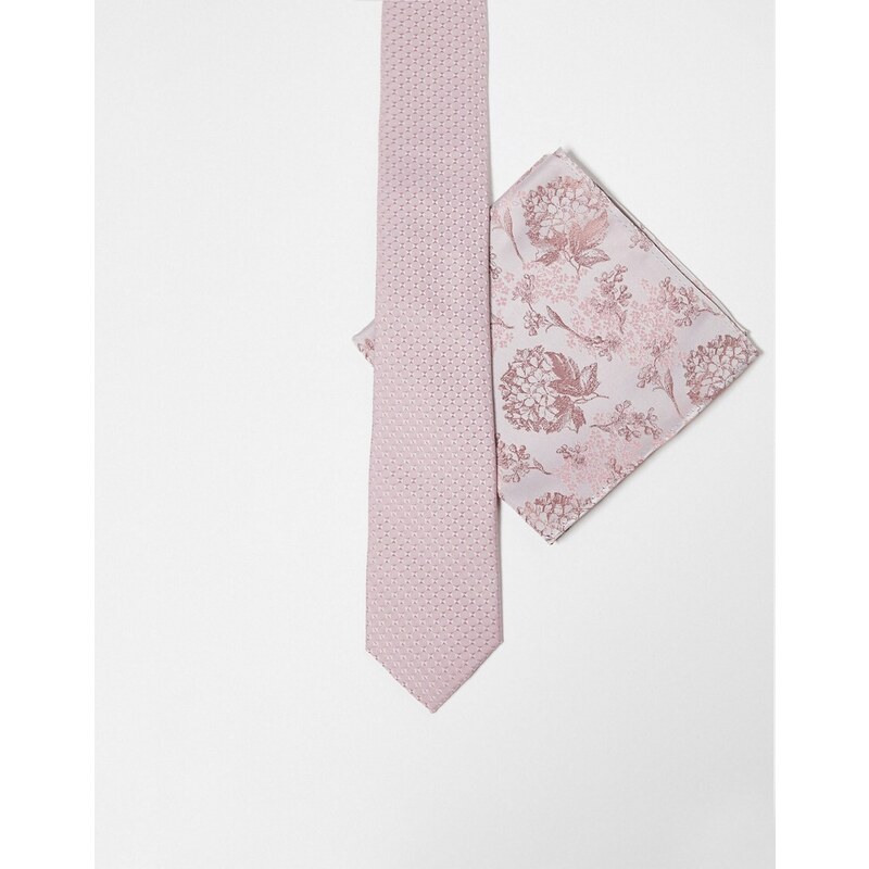 ASOS DESIGN - Cravatta sottile rosa con fazzoletto da taschino a fiori