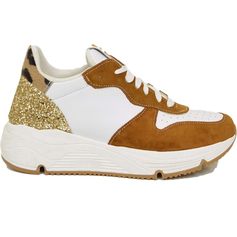 Divine Follie Sneakers Glitter in Pelle Scamosciata Retro Leopardato Fondo Platform