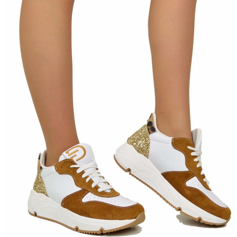 Divine Follie Sneakers Glitter in Pelle Scamosciata Retro Leopardato Fondo Platform