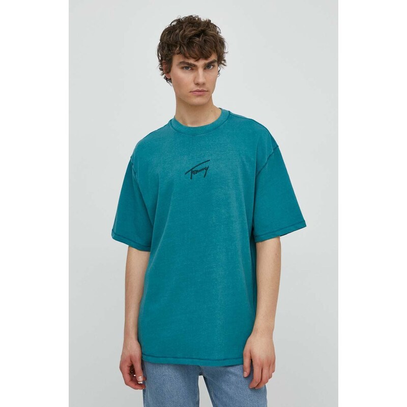 Tommy Jeans t-shirt in cotone uomo colore turchese con applicazione DM0DM18663