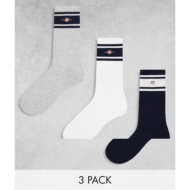 GANT - Confezione da 3 paia di calzini bianchi, grigi e blu navy con logo a scudo-Bianco