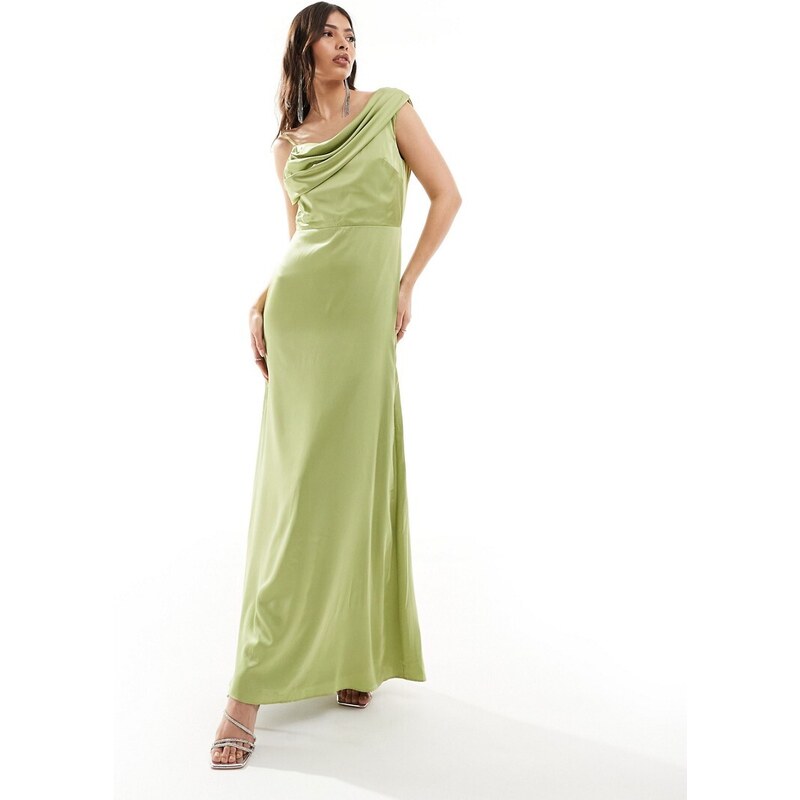 TFNC - Vestito da damigella monospalla lungo drappeggiato color oliva-Verde