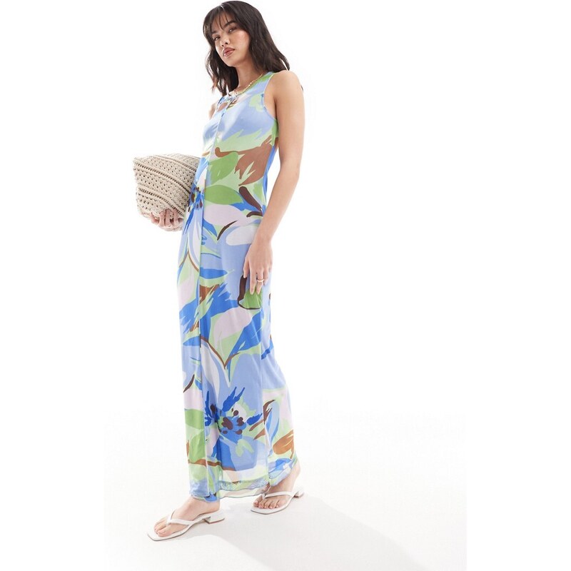 Vero Moda - Vestito senza maniche in rete blu con stampa a fiori e fondo ondulato-Multicolore