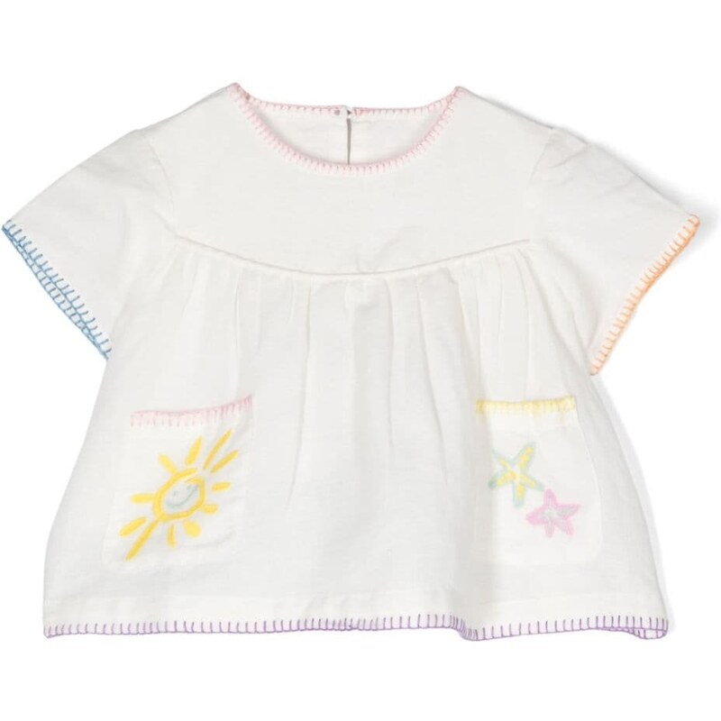 STELLA MCCARTNEY KIDS Blusa bianca neonata ricami multicolor misto lino