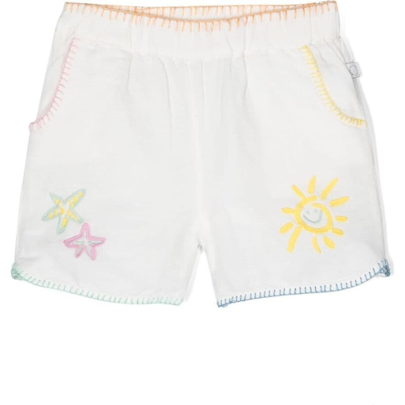 STELLA MCCARTNEY KIDS Short bianco con orli e ricami multicolor neonata misto lino
