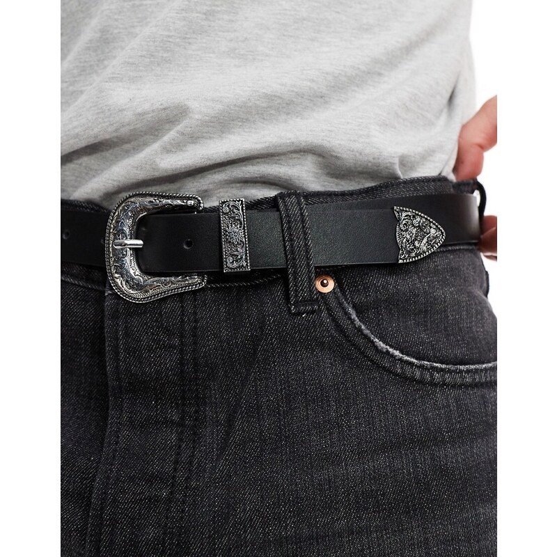 ASOS DESIGN - Cintura in pelle sintetica nera con fibbia argentata stile western-Nero