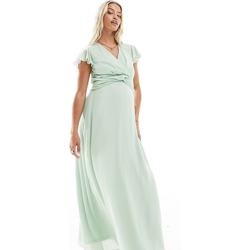 TFNC Maternity - Vestito da damigella lungo color menta con davanti a portafoglio-Verde