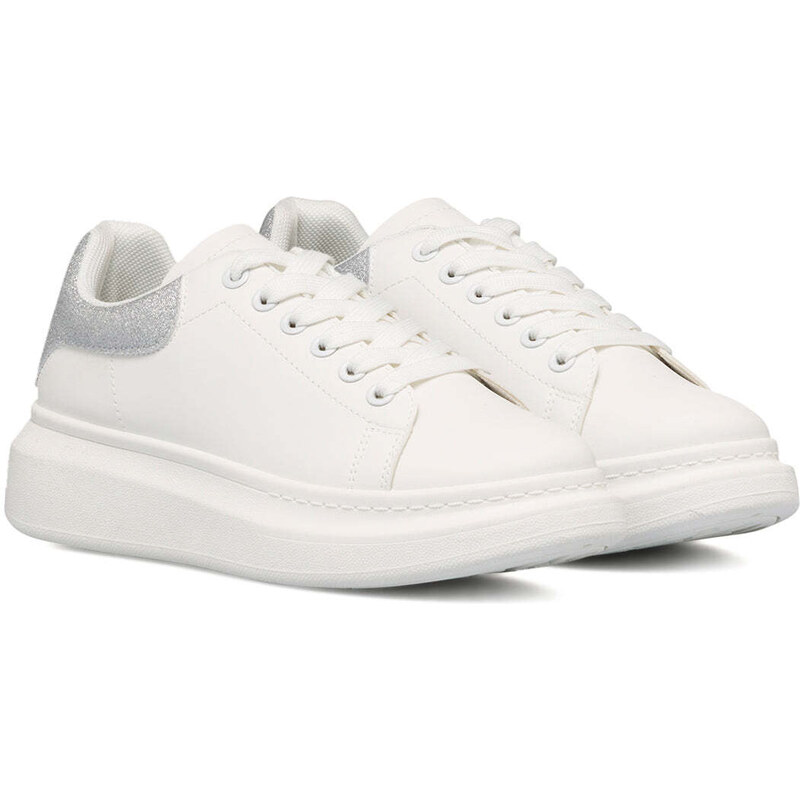 Sneakers bianche da donna con dettaglio argento glitter sul tallone e suola plaftorm Lora Ferres