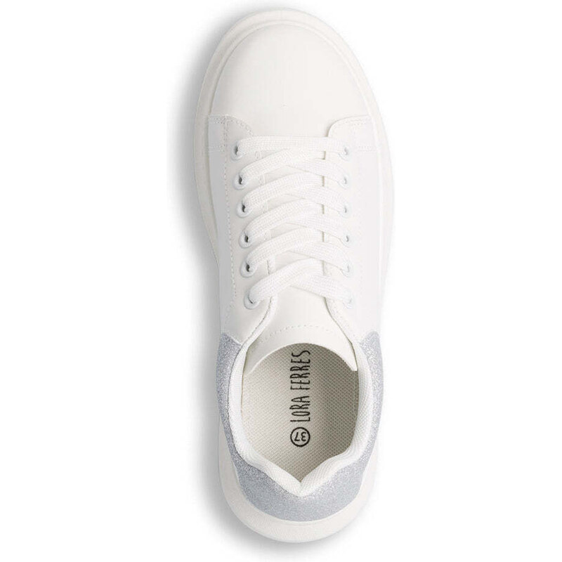 Sneakers bianche da donna con dettaglio argento glitter sul tallone e suola plaftorm Lora Ferres