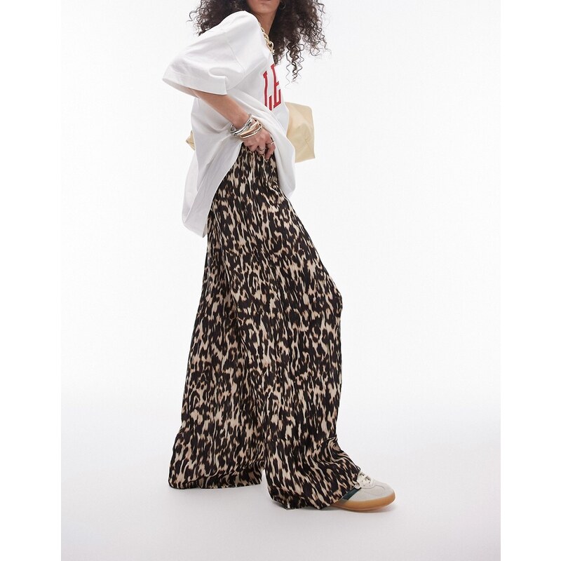 Topshop - Pantaloni plissé stropicciati a fondo ampio marroni con stampa leopardata-Marrone