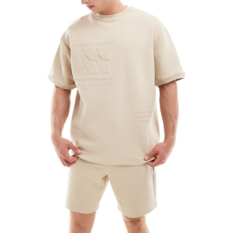 Pull&Bear - T-shirt color sabbia con dettaglio in rilievo in coordinato-Neutro