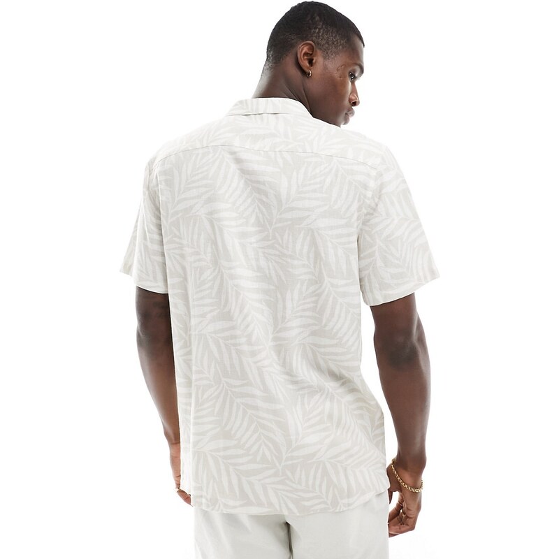 New Look - Camicia a maniche corte color pietra in misto lino con stampa di palme-Neutro