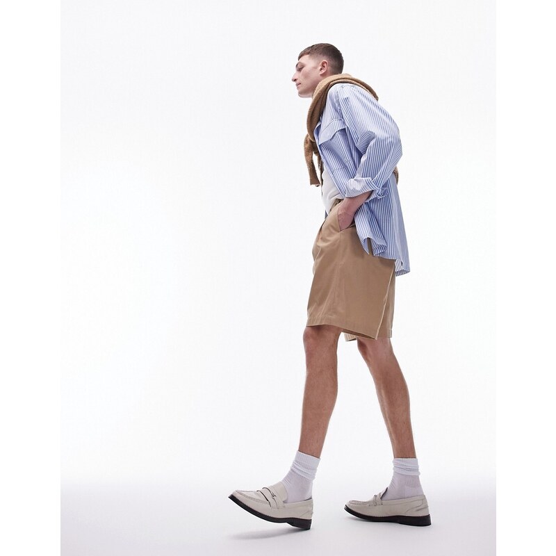 Topman - Pantaloncini a fondo ampio color pietra con doppie pieghe-Neutro