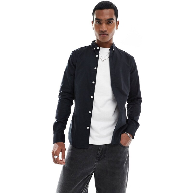 New Look - Camicia a maniche lunghe attillata nera-Nero