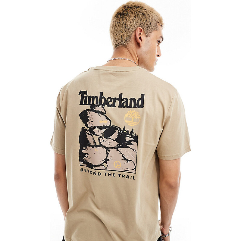Timberland - T-shirt oversize beige con stampa sulla schiena - In esclusiva per ASOS-Verde