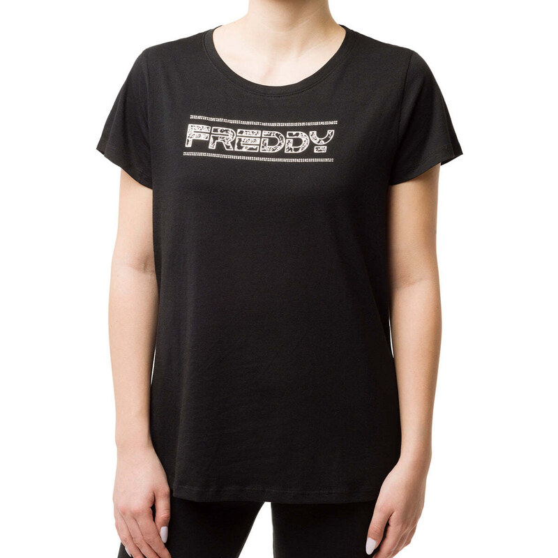T-shirt nera da donna con logo frontale argento con strass Freddy