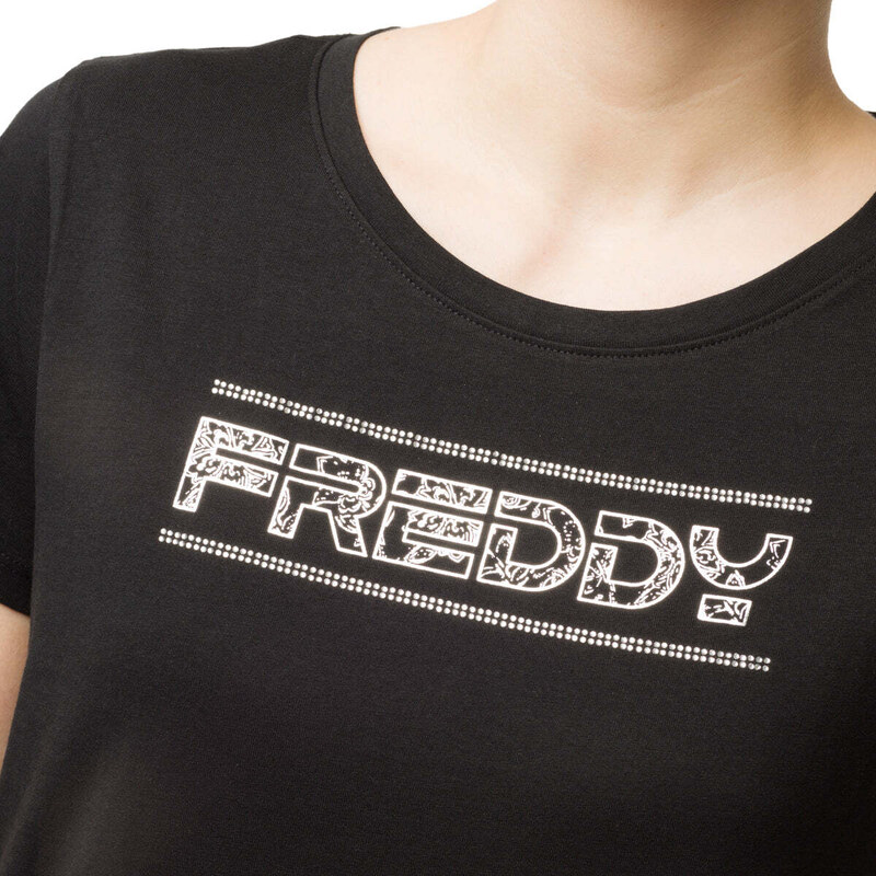 T-shirt nera da donna con logo frontale argento con strass Freddy