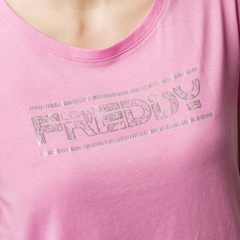 T-shirt lilla da donna con logo frontale argento con strass Freddy