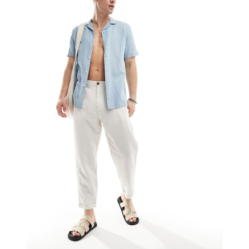 Selected Homme - Pantaloni corti ampi in misto lino beige-Neutro
