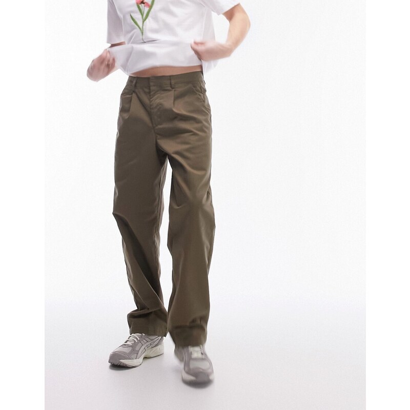 Topman - Pantaloni a fondo ampio kaki con pieghe-Verde