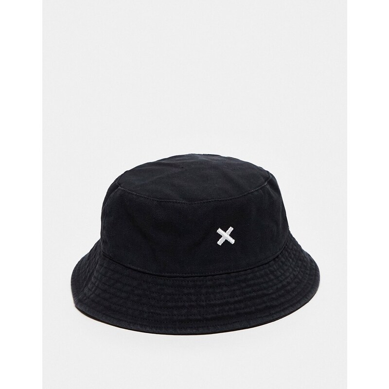 COLLUSION Unisex - Cappello da pescatore in twill nero slavato con logo