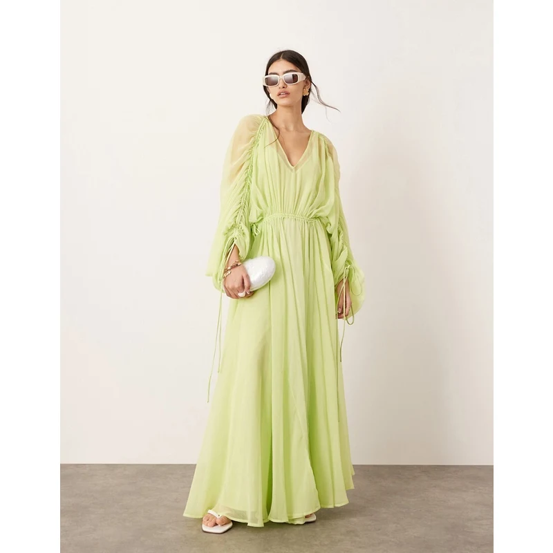 ASOS Edition Vestito lungo in chiffon stretto in vita verde mela