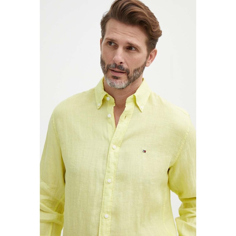 Tommy Hilfiger camicia di lino colore giallo MW0MW34602