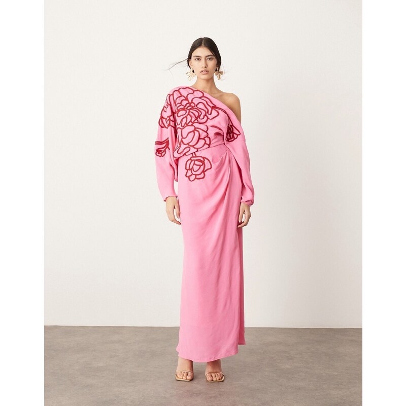 ASOS Edition - Vestito midi rosa con ricami floreali e spalla drappeggiata
