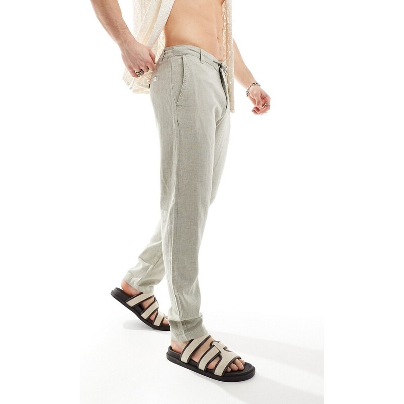 Selected Homme - Pantaloni slim affusolati in misto lino color crema-Bianco