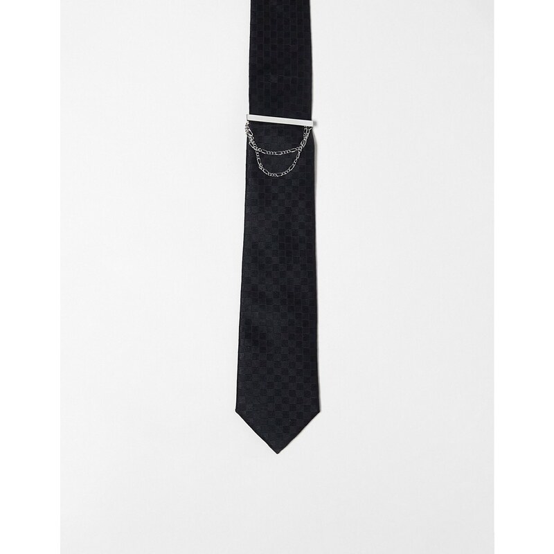 ASOS DESIGN - Cravatta sottile nera con fermacravatta-Nero