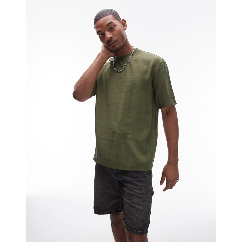 Topman - T-shirt oversize kaki con maniche di media lunghezza-Verde