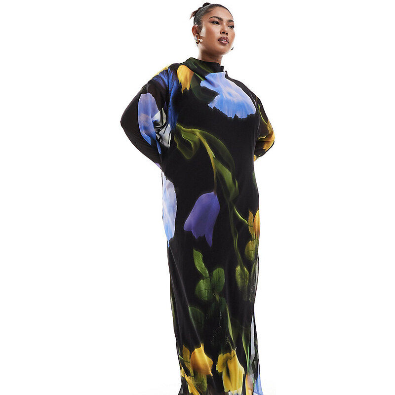 ASOS Curve ASOS DESIGN Curve - Vestito lungo in chiffon con stampa floreale sfocata-Multicolore