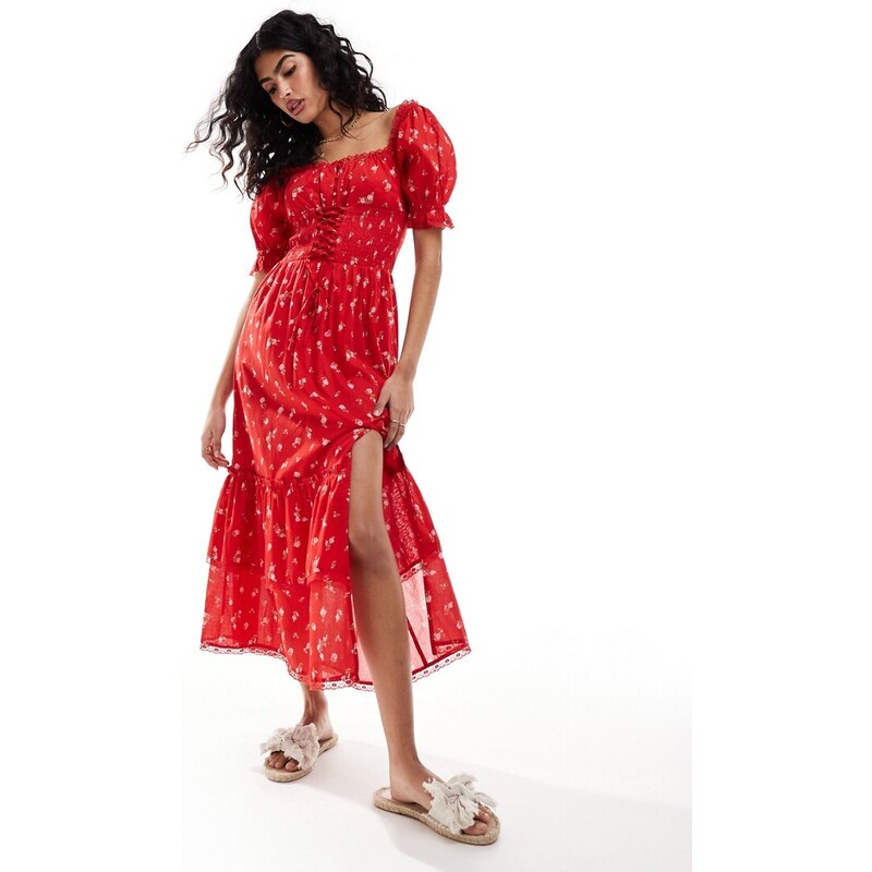 Miss Selfridge - Vestito lungo a balze con dettaglio a corsetto rosso con stampa di rose