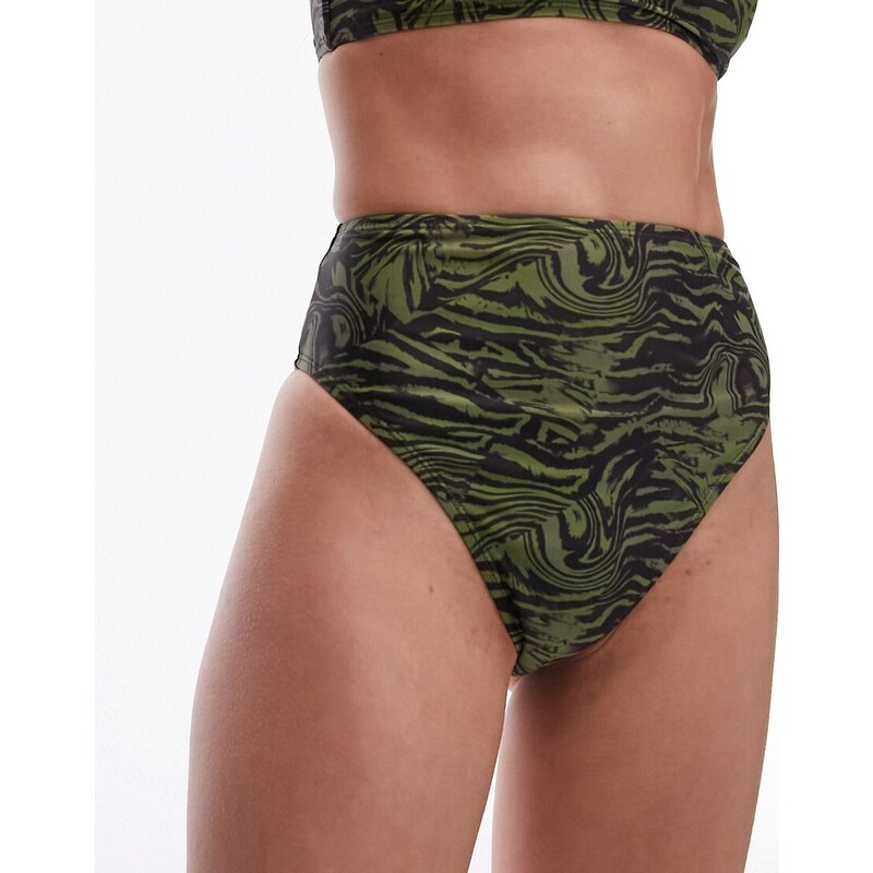 Topshop - Slip bikini sgambati a vita alta mix and match kaki con stampa astratta animalier-Verde