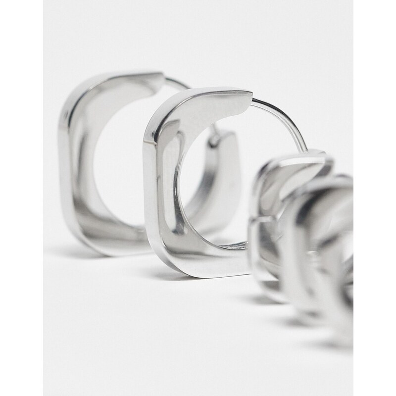 Topshop - Pedro - Confezione da 4 orecchini a cerchio esagonali argentati in acciaio inossidabile resistente all'acqua-Argento