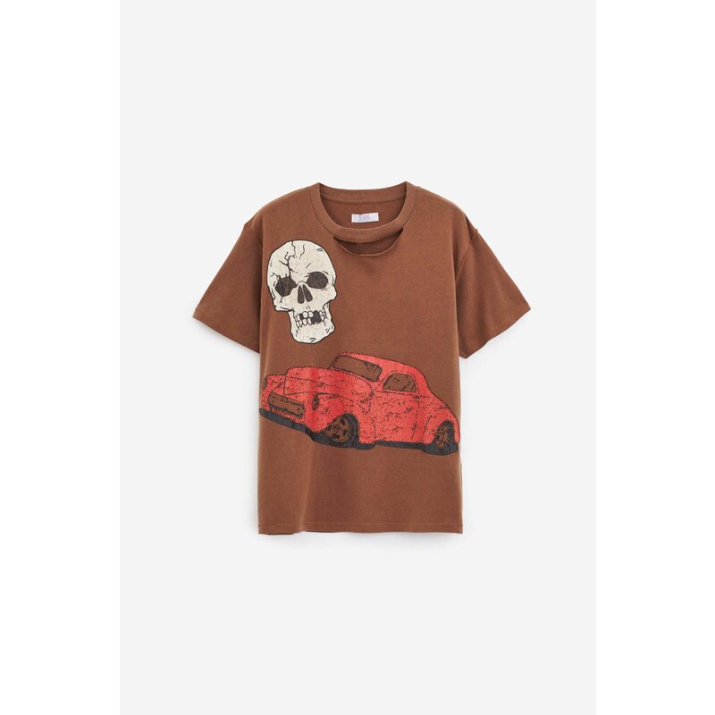 ERL T-Shirt RIPPED COLLAR SKULL in cotone marrone