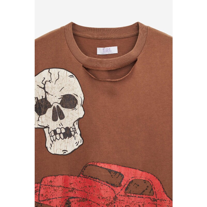 ERL T-Shirt RIPPED COLLAR SKULL in cotone marrone