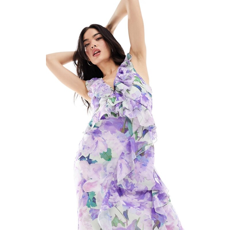 Hope & Ivy - Vestito lungo con volant frontali a fiori lilla-Viola