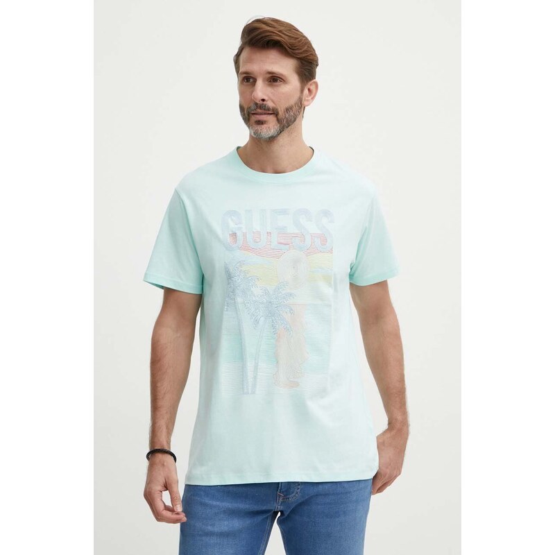 Guess t-shirt in cotone uomo colore turchese con applicazione M4GI15 I3Z14