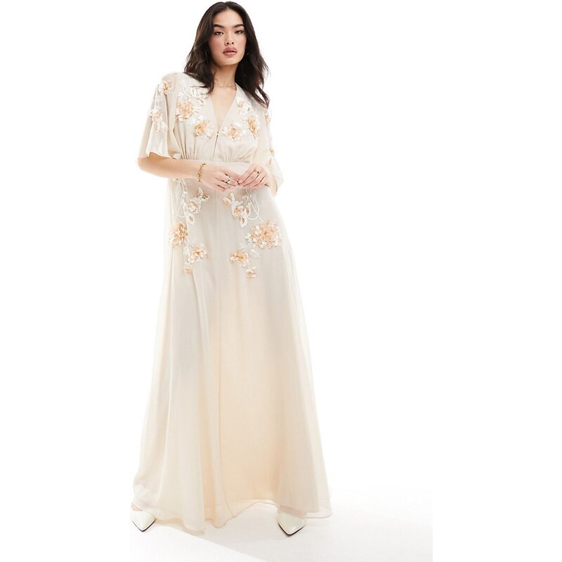 Hope & Ivy Bridal - Vestito lungo da sposa ricamato color crema con maniche a volant-Bianco